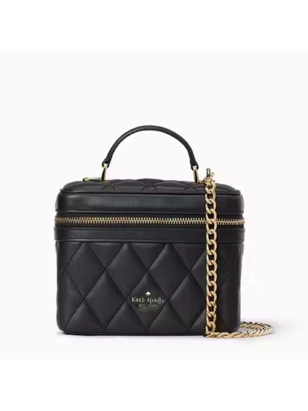 kate spade Black Quilted Carey Leather trunk Vanity Crossbody with Gold Chain